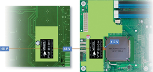 Figure 3. FPA 48:1,2 V system with V&#183;I chips showing available PCB area, reduction in input and bulk capacitance and shorter, lower loss distribution path